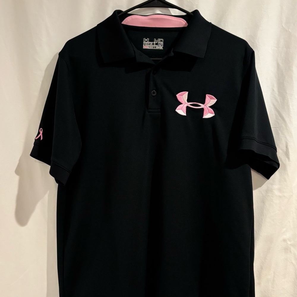 Under Armour Black Polo Shirt with Pink Logo, Men’s Med. Breast Cancer Awareness